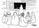 A cartoon of a snowman in front of the outdoor classroom chalkboard lectures to students huddling in parkas. One student turns to the other to say something. 